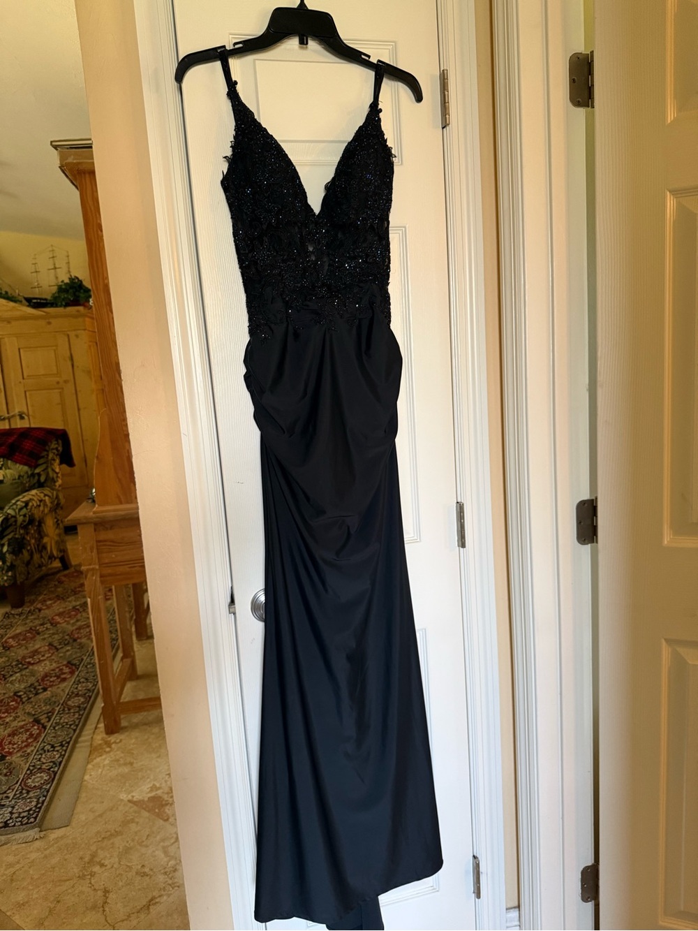 La Femme Black Beaded V-Neck Prom Dress